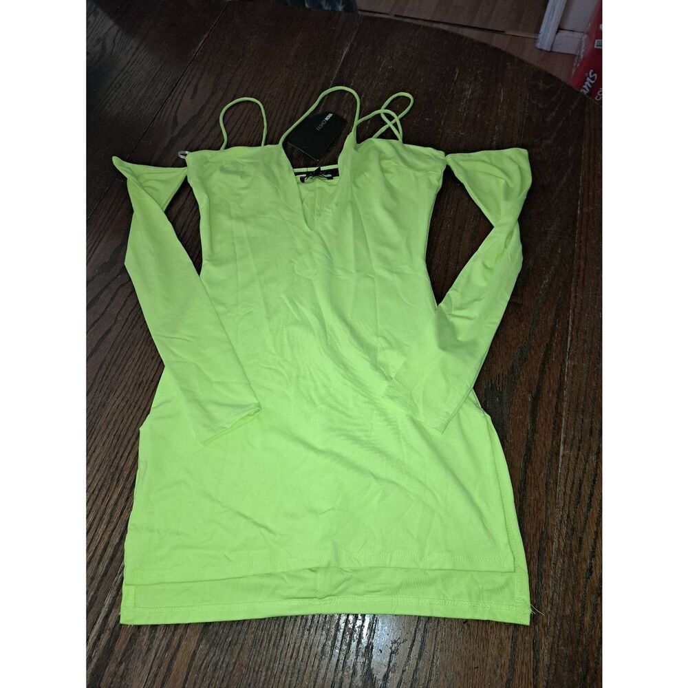 New Small Fashion Nova Neon Yellow Highlight of Day Cold Shoulder Mini Dress NWT